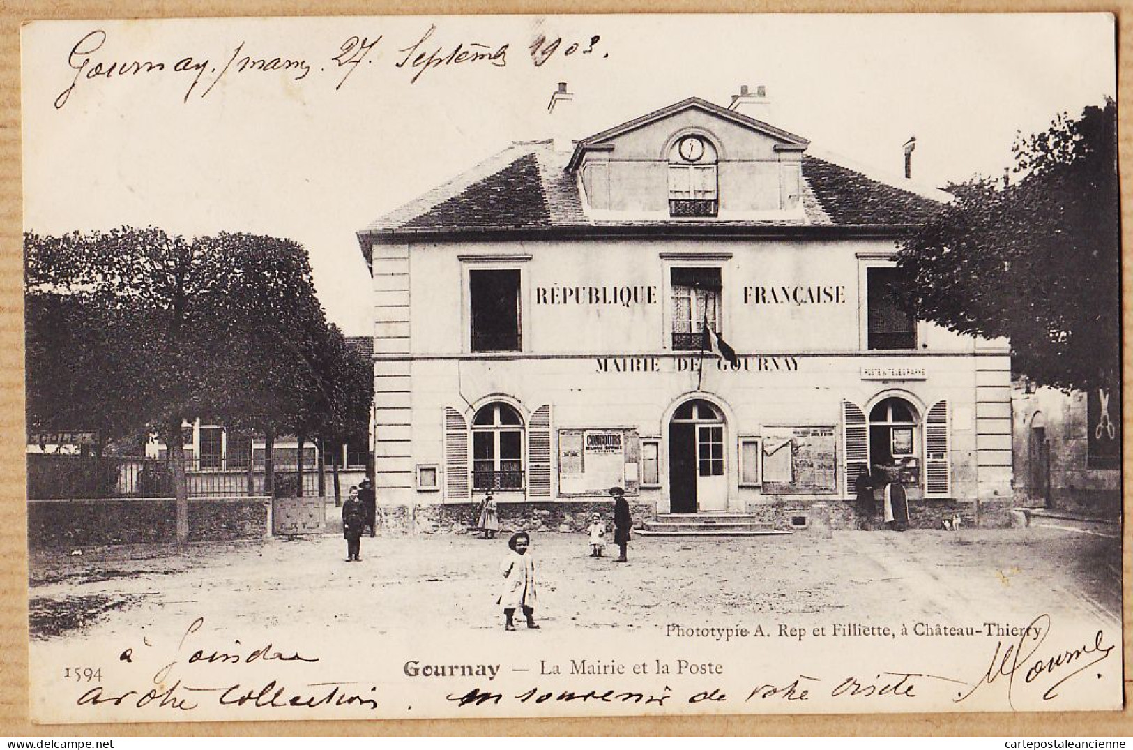22937 / GOURNAY Seine-St-Denis Mairie Et Poste Animation Villageoise 1903 à DUCROS Rue Meslay Paris-FILLIETTE - Gournay Sur Marne