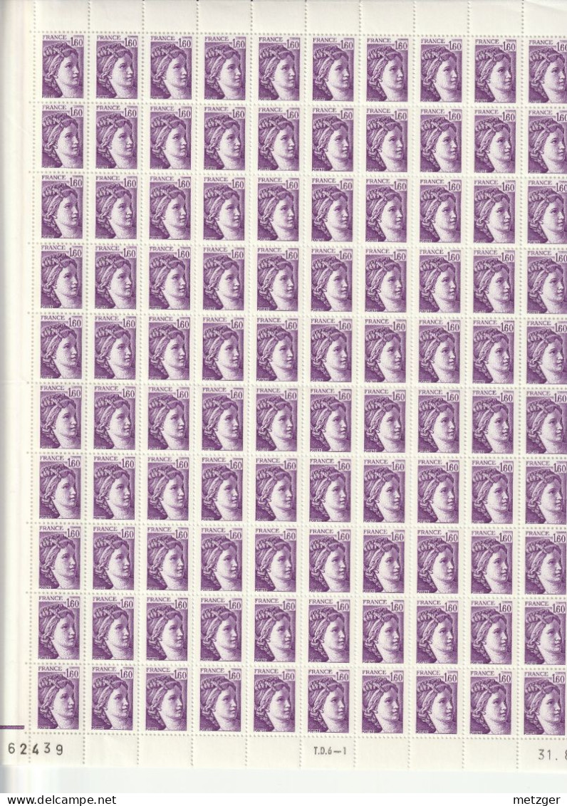 Feuille Complète De 100 Timbres Du N° 2060b Sabine 1f.60 Violet Gomme Tropicale - Feuilles Complètes