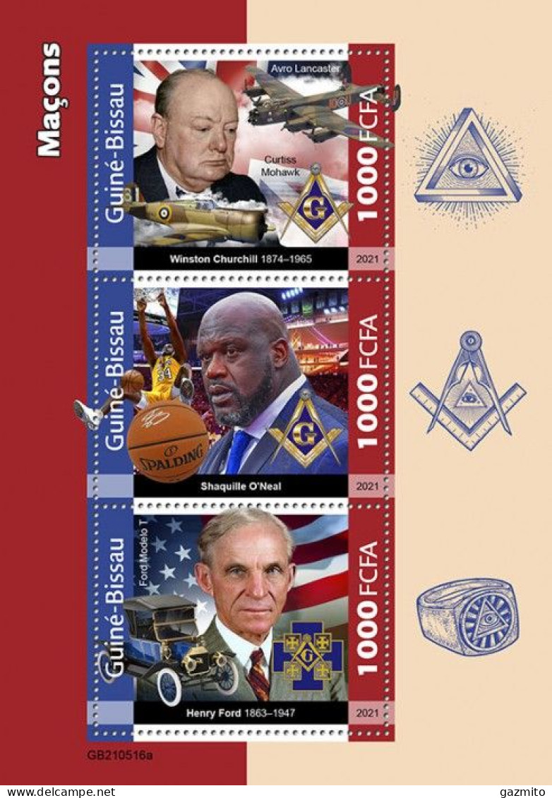 Guinea Bissau 2021, Massonery, Churchil, Planes, Basketball, Cars, 3val In BF - Stamps