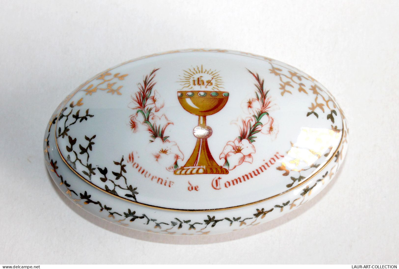 LIMOGES, BONBONNIERE BOITE, SOUVENIR DE COMMUNION En PORCELAINE, DORÉ PEINT MAIN, ART DECORATIF FRANCAIS (0603.9) - Limoges (FRA)