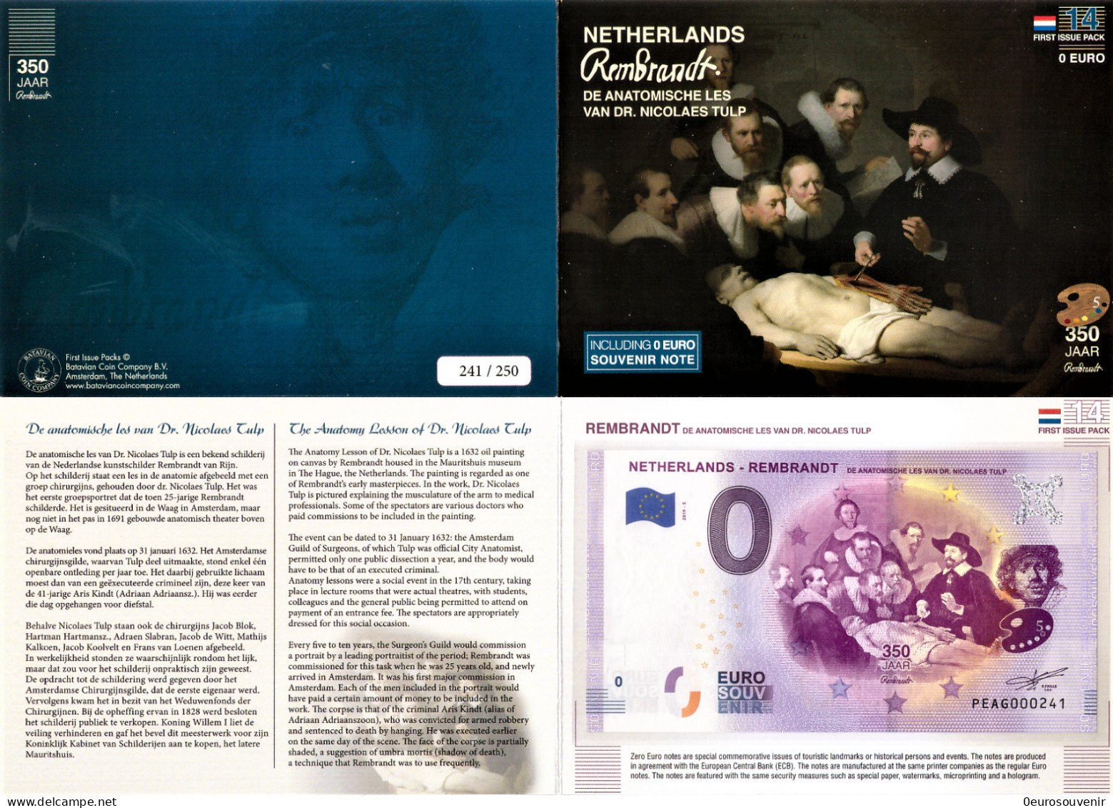 0-Euro PEAG 2019-5 NETHERLANDS - REMBRANDT - DE ANATOMISCHE LES VAN NICOLAS TULIP First Issue Pack No. Nur Bis #250 ! - Essais Privés / Non-officiels