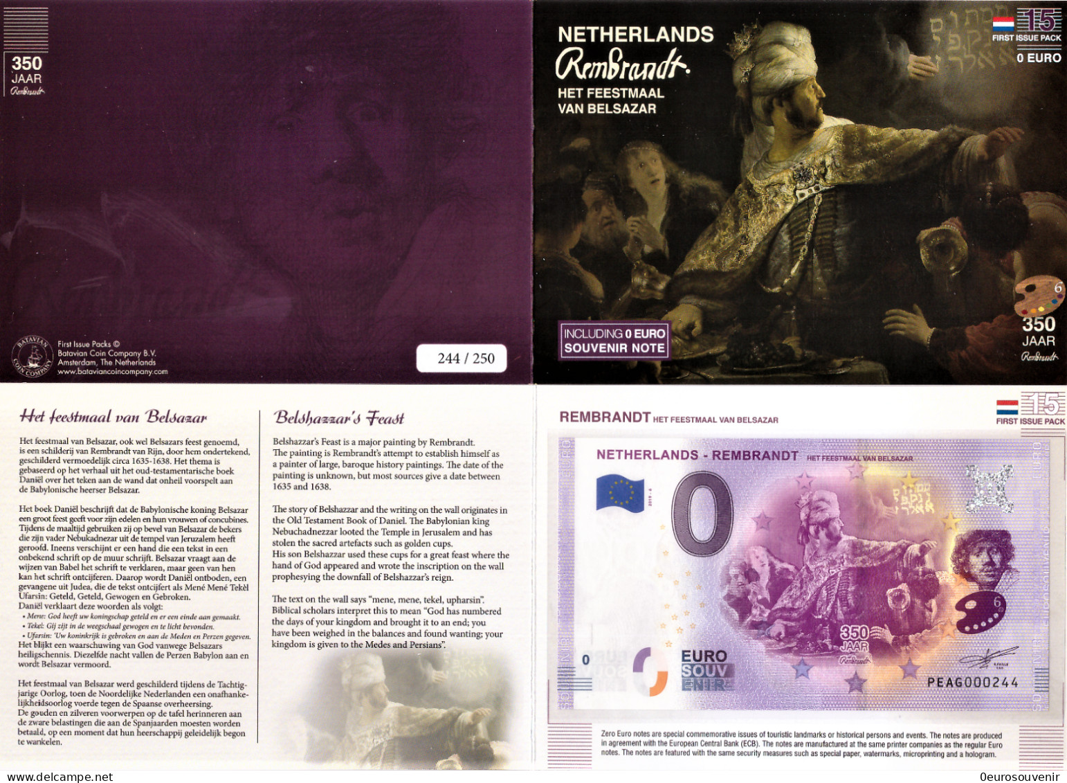 0-Euro PEAG 2019-6 NETHERLANDS - REMBRANDT - HET FEESTMAAL VAN BELSAZAR First Issue Pack No. Nur Bis #250 ! - Essais Privés / Non-officiels