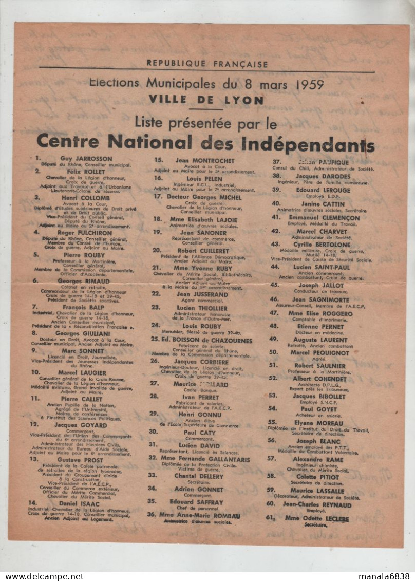 Lyon 1959 élections Municipales Liste CNI - Non Classés