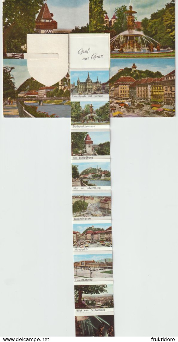 AKAT Austria Postcards Graz Clock Tower - City Park Fountain - Square - Coat Of Arms - Leporello / Stained-glass Window - Verzamelingen & Kavels