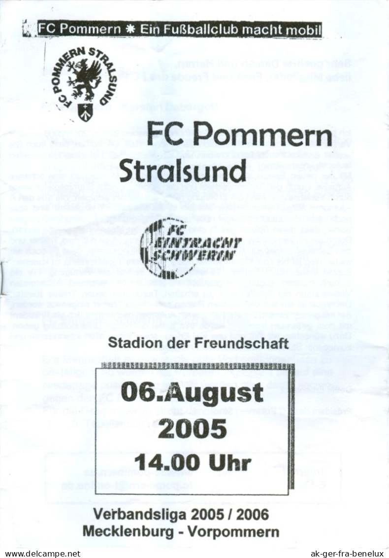 Fußball-Programm PRG FC Pommern Stralsund Vs FC Eintracht Schwerin 6. 8. 2005 Dynamo Anker Motor Mecklenburg-Vorpommern - Programmes