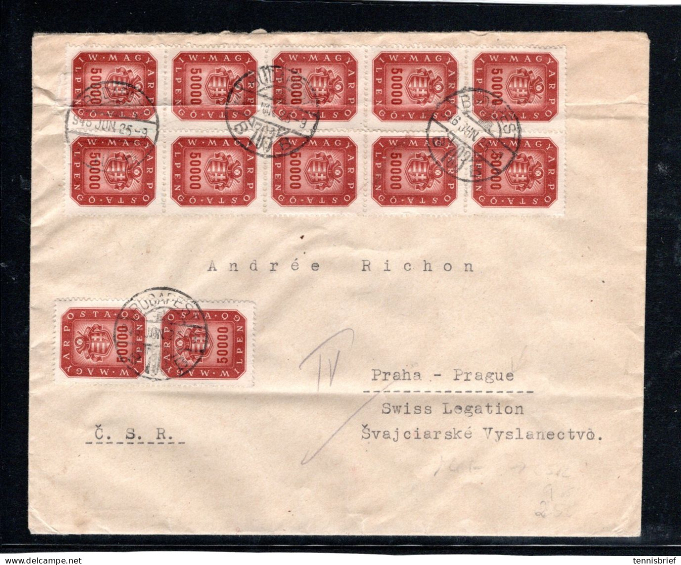 1946 ( 25. JUNE) 50000,- 32  Stamps,multiple Frank. Clear  " Budapest " Cover To Praha , CSR , .commercial,Rare !#1510 - Briefe U. Dokumente
