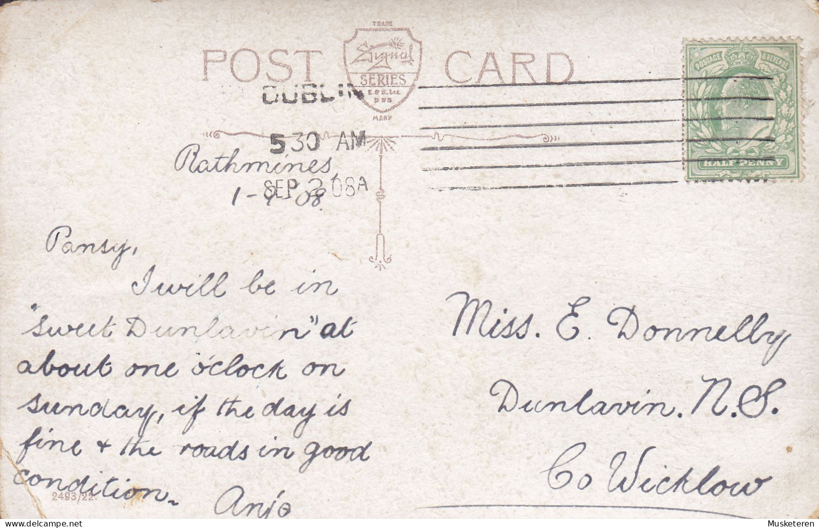 Ireland (United Kingdom) PPC Grafton Street, Dublin 'Signal' Series DUBLIN 1908 DUNLAVIN Co. Wicklow Edw. VII. (2 Scans) - Dublin