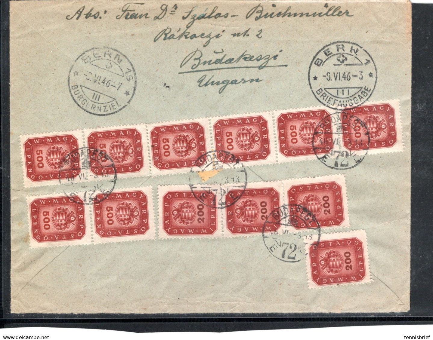 1946 ( 3. JUNE)  200 And 500,  12 Stamps,right Rate. Clear " Budapest " Registered Cover To CH ,Rare !#1509 - Covers & Documents