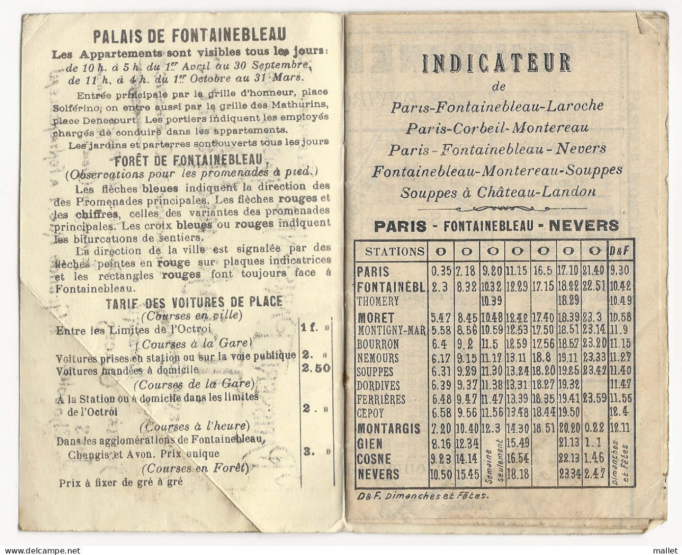 Horaires Des Trains (1912) Autour De Fontainebleau, Dont Paris Nevers - Europe