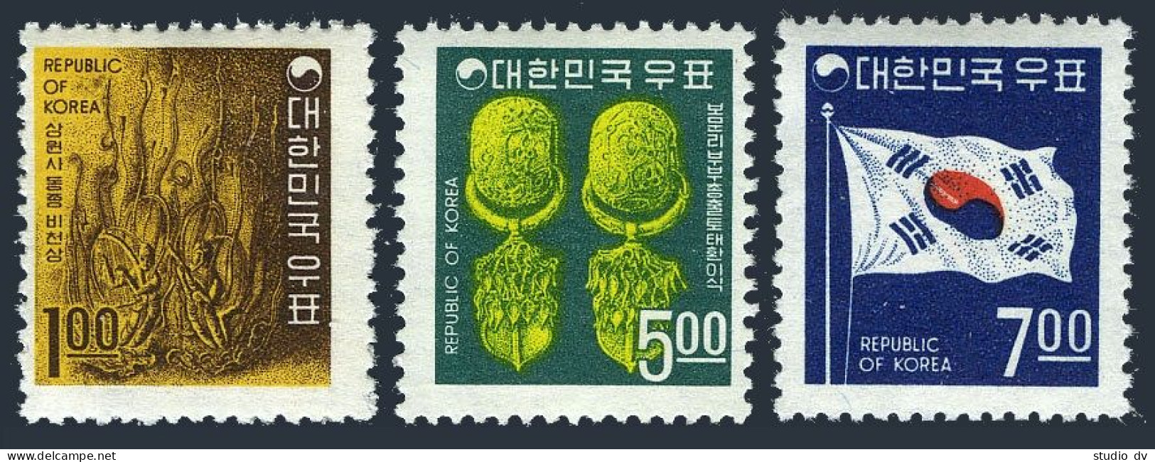 Korea South 595-597,MNH.Michel 605-607. Carving From King Songdok Bell,Earrings,Flag - Corée Du Sud