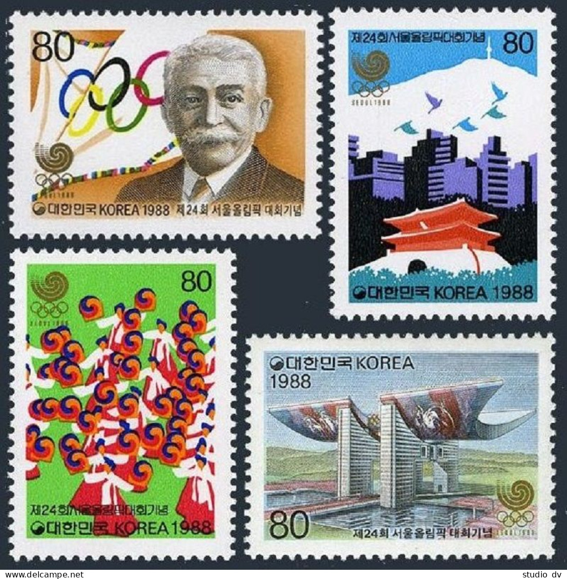 Korea South 1511-1514, MNH. Olympics Seoul-1988.Pierre De Coubertin,Temple,Dance - Corée Du Sud