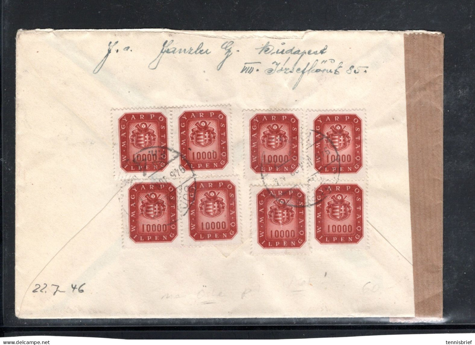 1946 ( 22. JUNE ) 10000,- 8 Stamps - Right Rate. Clear " Budapest "cover Austria !  Austr. Censor Mark,#1510 - Cartas & Documentos