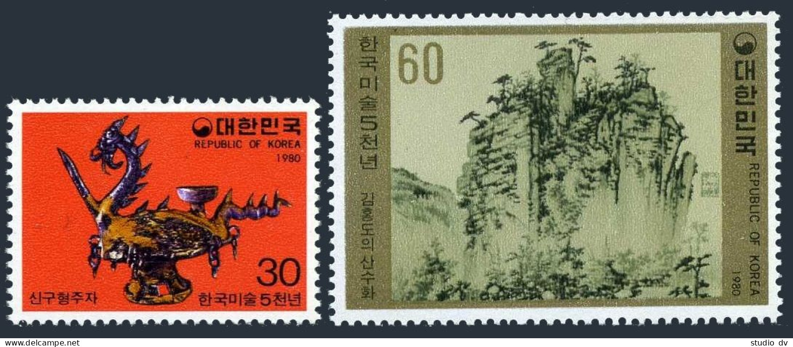 Korea South 1189-1190,1190a,MNH. Art Treasure,1980.Kettle,Landscape,Kim Hong-do. - Corée Du Sud