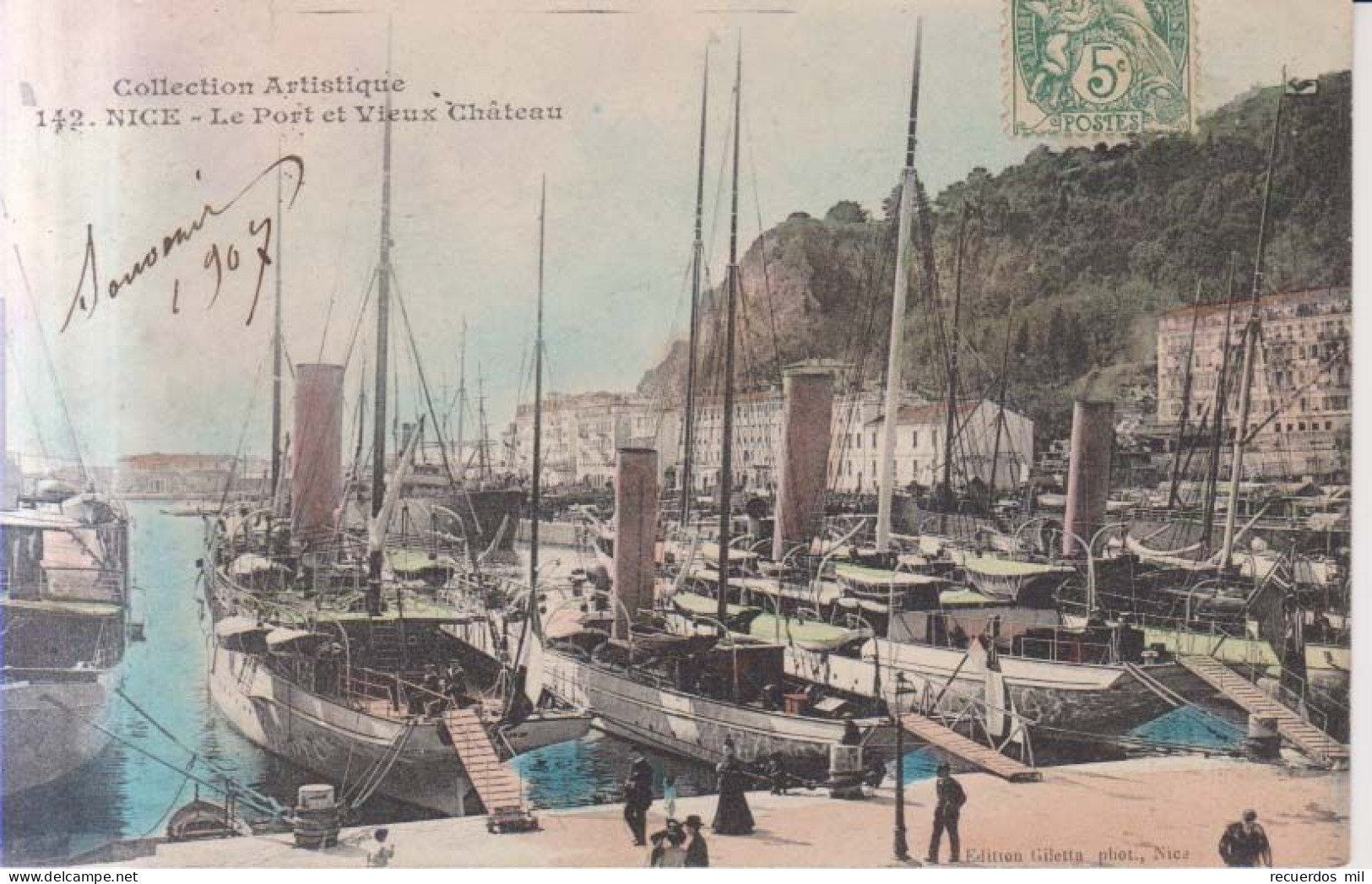 Nice Le Port Et Le Vieux Chateau  Carte Postale Animee 1907 - Leven In De Oude Stad
