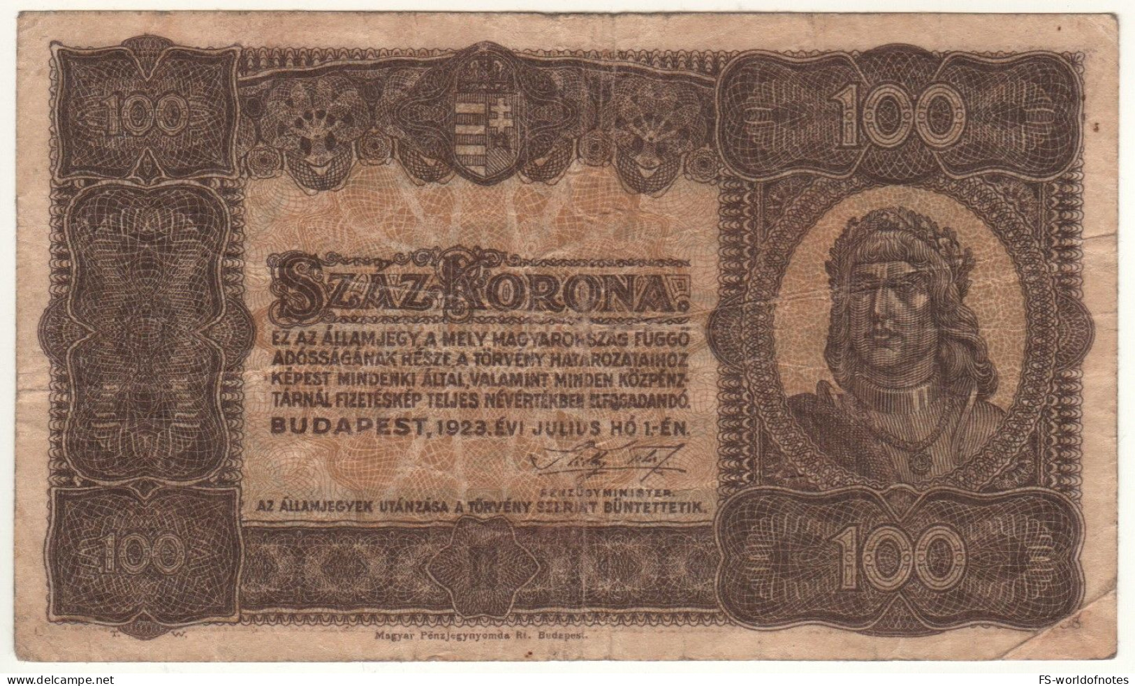 HUNGARY   100  Korona  P73a  (dated 1.7.1923)    King Mátyás - Hungría