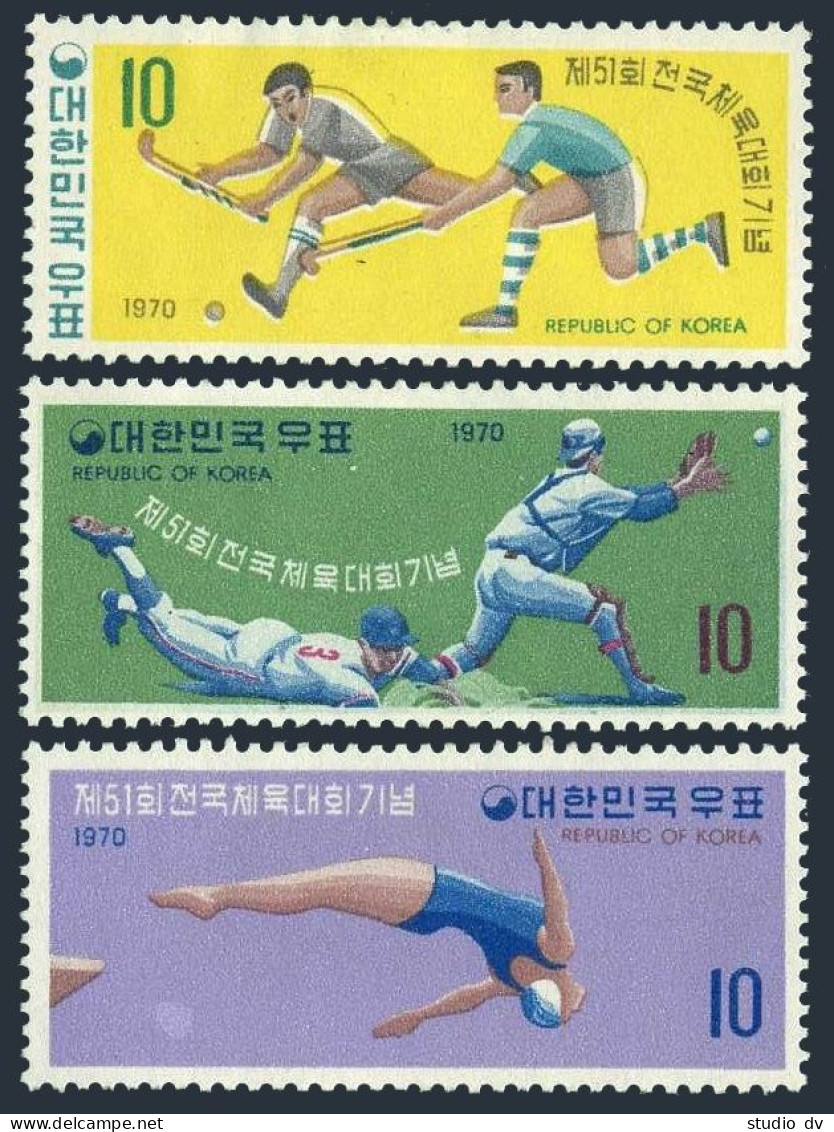 Korea South 730-732, Hinged. National Athletic Games,1970.Diver,Hockey,Baseball. - Corée Du Sud