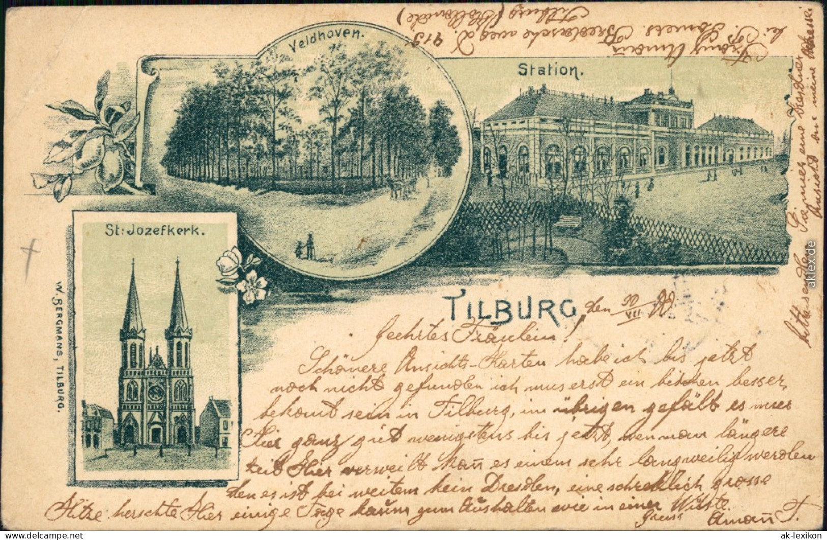 Ansichtskarte Tilburg 3 Bild: Bahnhof, St. Jozefkerk, Veldhoven 1900  - Tilburg