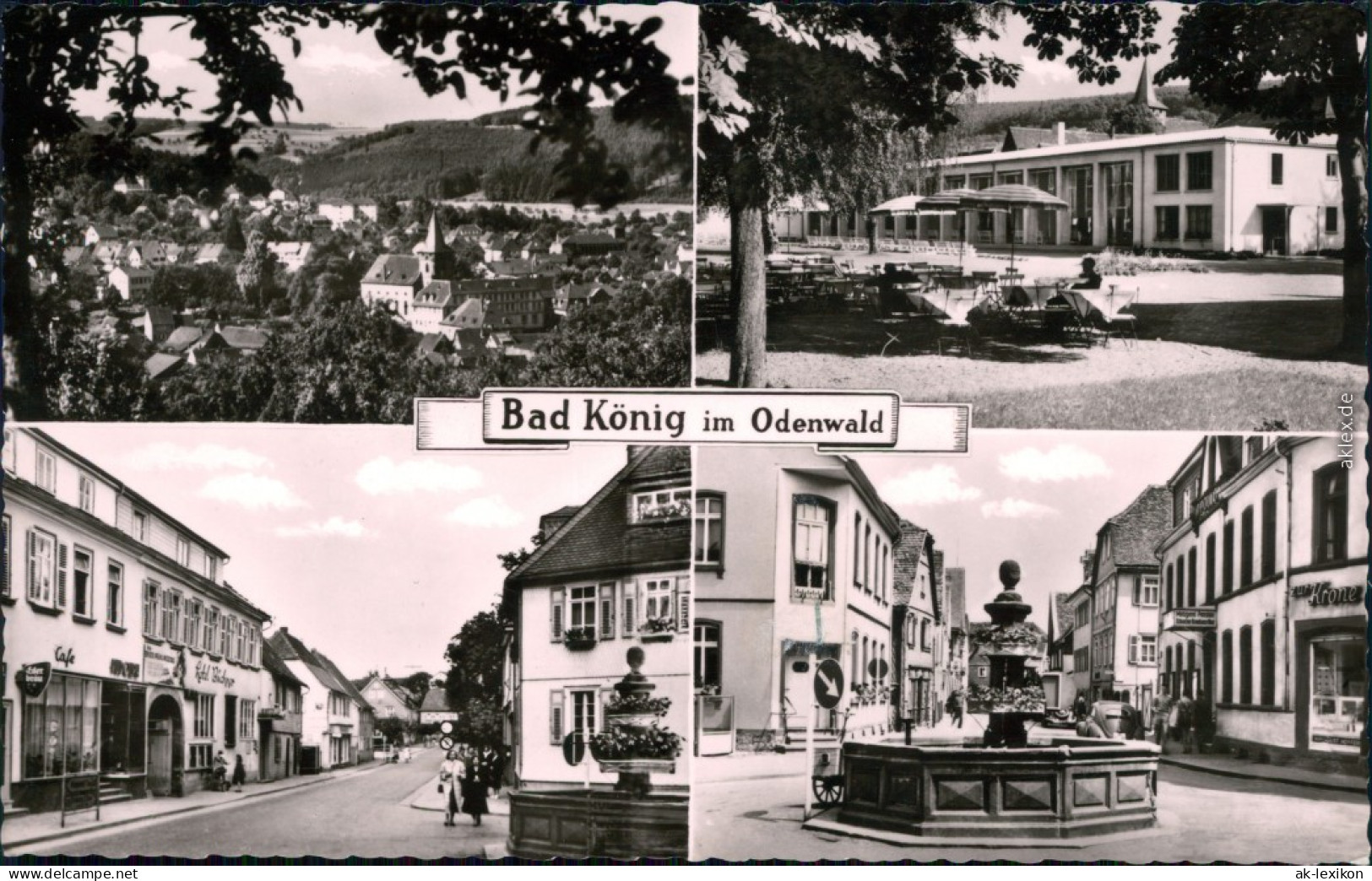 Bad König Panorama-Ansicht, Gaststätte, Café, Straße, Brunnen 1960 - Bad Koenig