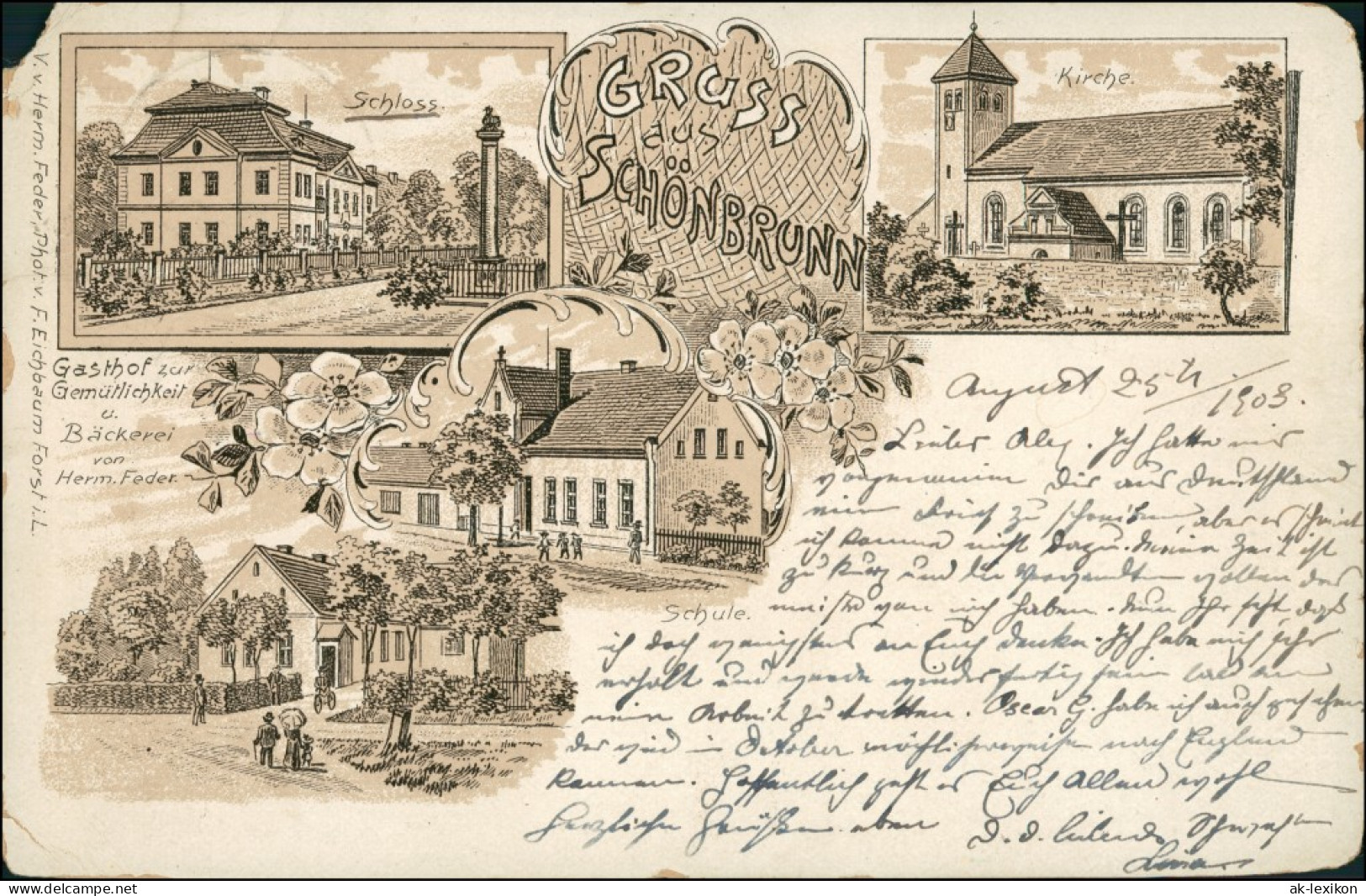 Litho AK Schönbrunn Jabłonów Litho AK: Gasthaus, Schule, Panorama 1903  - Neumark