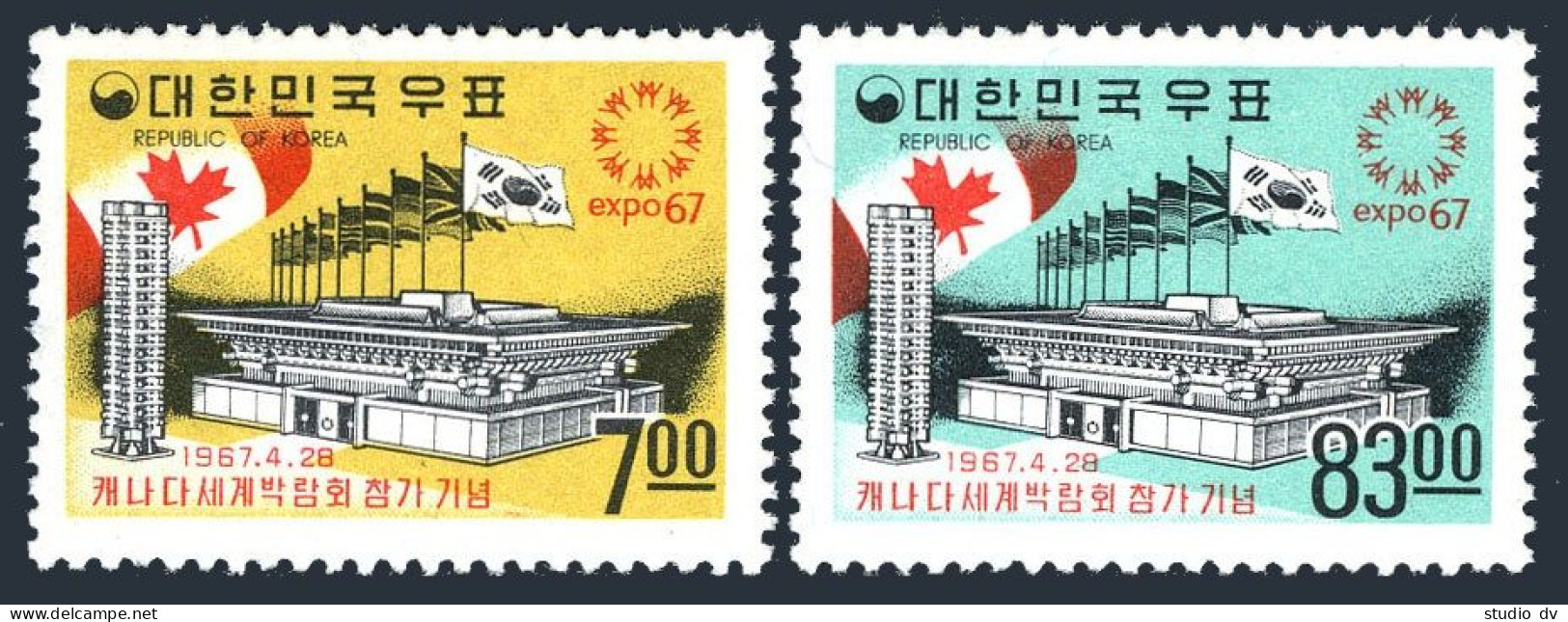 Korea South 566-567.MNH.Michel 578-579. EXPO-1967, Montreal. Korean Pavilion. - Korea, South