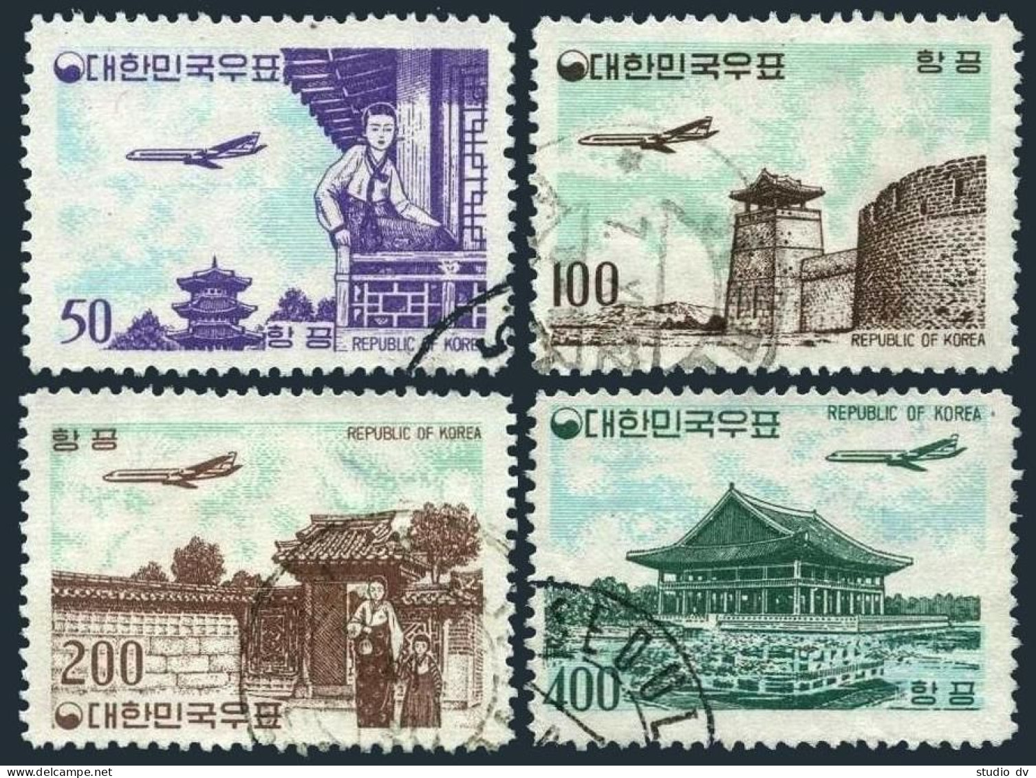 Korea South C23-C26, Used. Michel 338-341. Air Post 1961. Plane, Castle, Palaces - Corée Du Sud