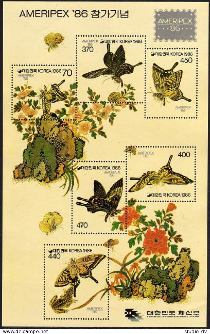 Korea South 1467 Af Sheet, MNH. Michel 1450-1455 Bl.518. AMERIPEX-1986. Butterflies - Corée Du Sud