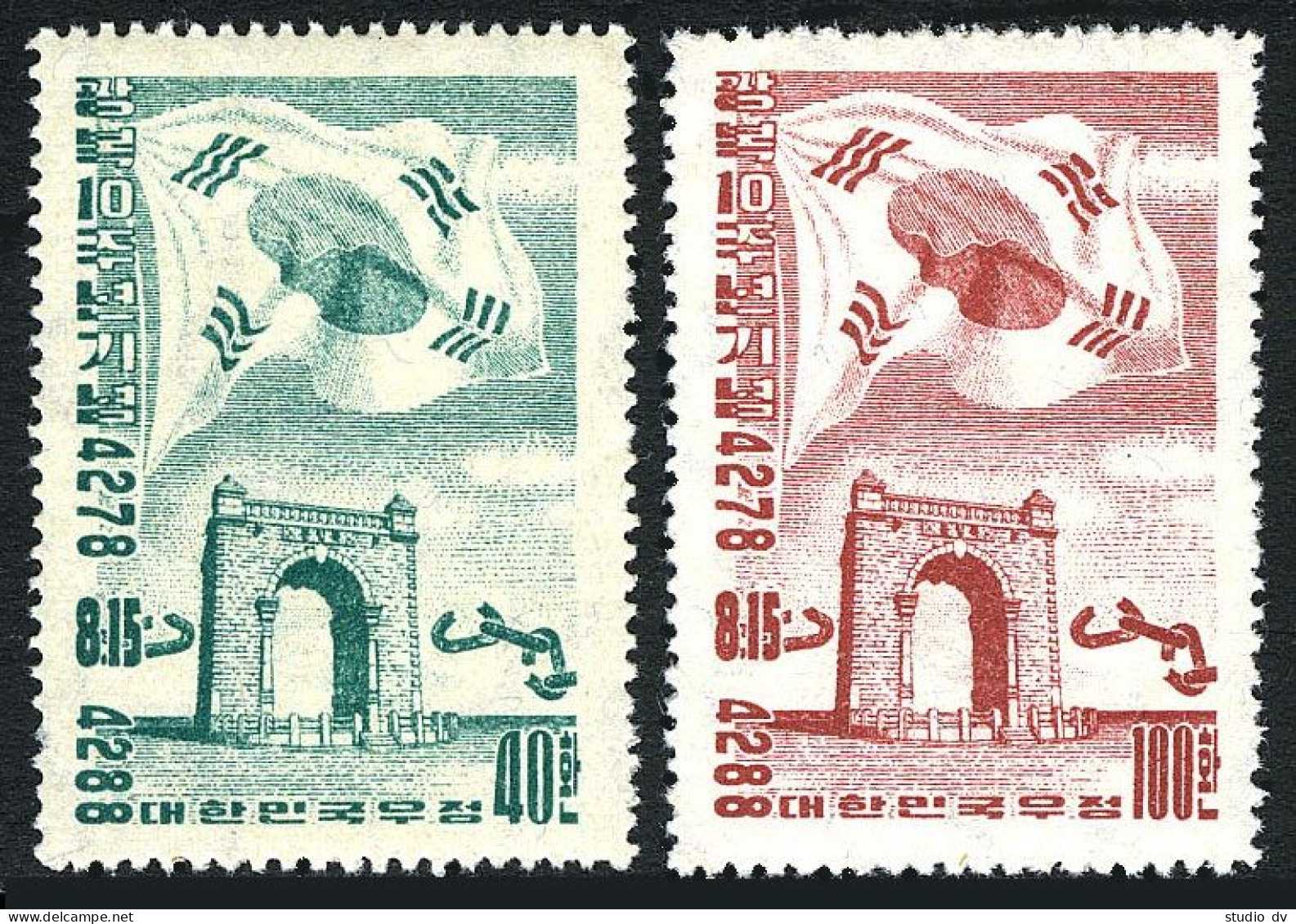 Korea South 218-219, MNH. Michel 194-195. Independence, 10th Ann. 1955. Flag, Arch. - Corée Du Sud