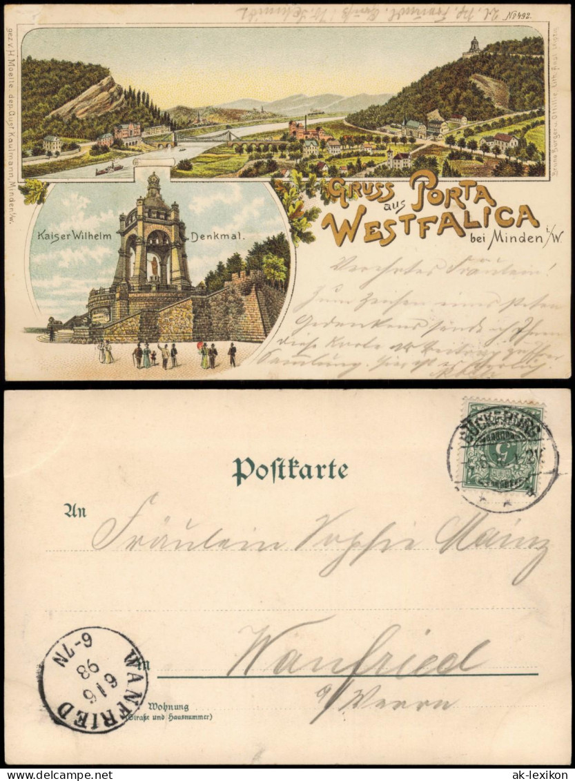 Litho AK Porta Westfalica 2 Bild Stadt U. Kaiser Wilhelm Denkmal 1898 - Porta Westfalica