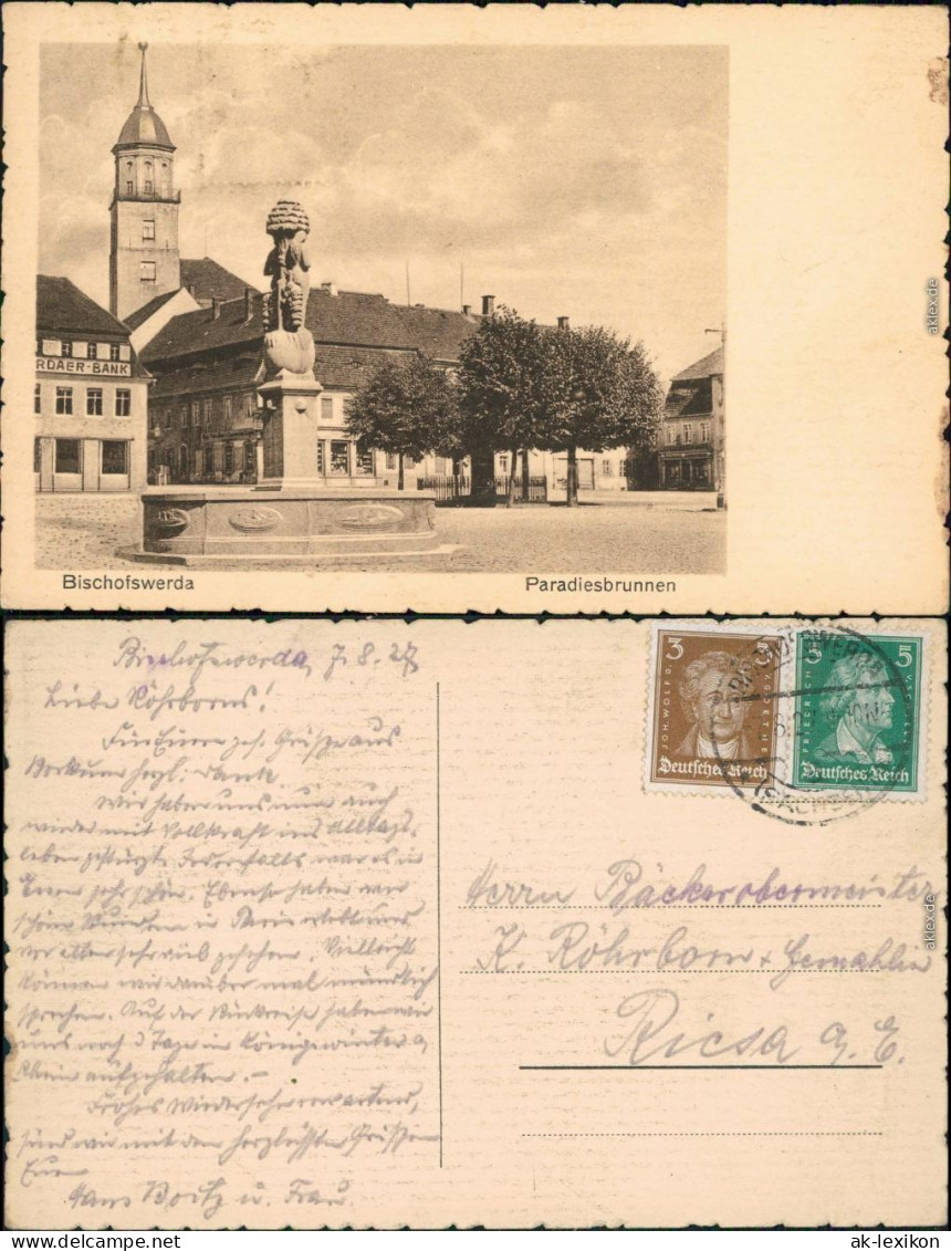 Ansichtskarte Bischofswerda Markt, Bank Paradiesbrunnen 1927  - Bischofswerda