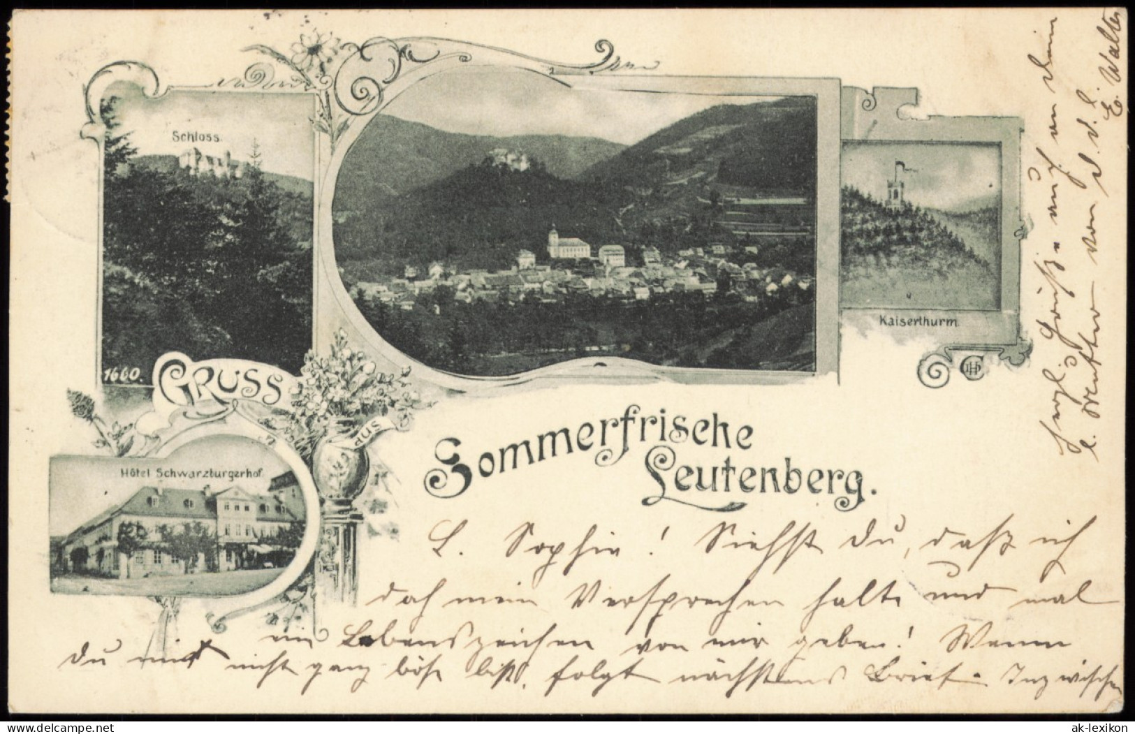 Ansichtskarte Leutenberg 4 Bild: Hotel Schwarzburger Hof, Kaiserturm 1899 - Leutenberg