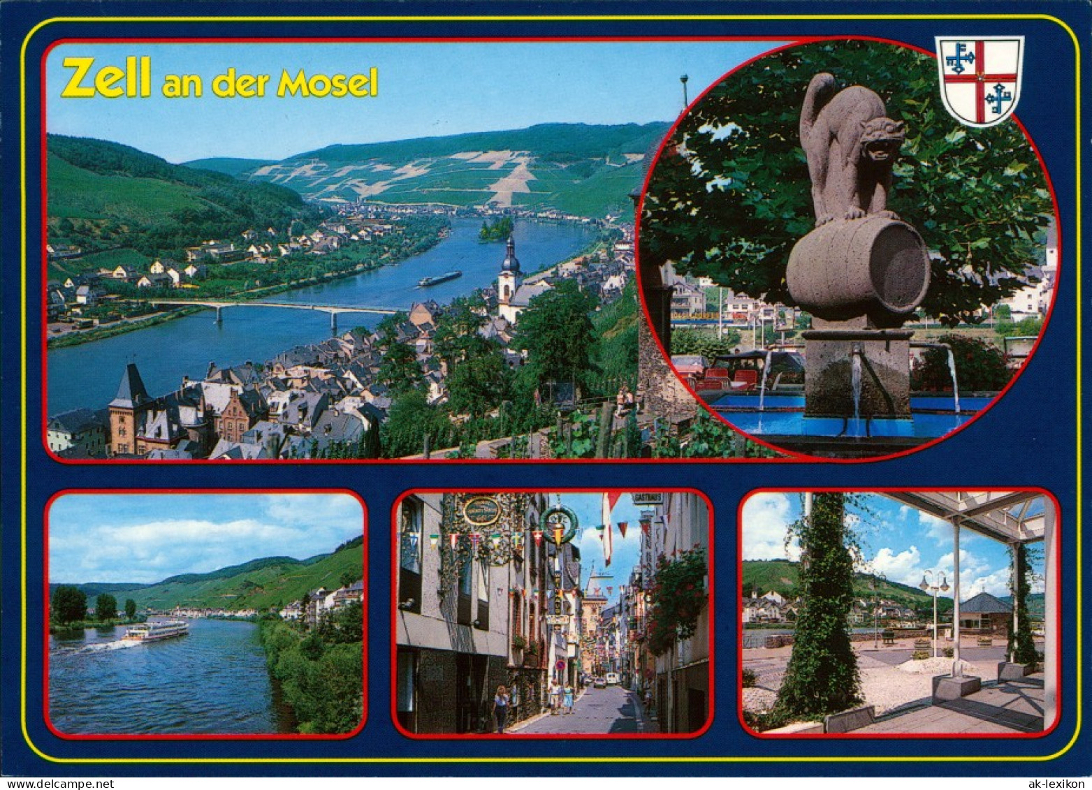 Ansichtskarte Zell/Mosel Panorama, Brunnen, Mosel, Gasse 1994 - Zell
