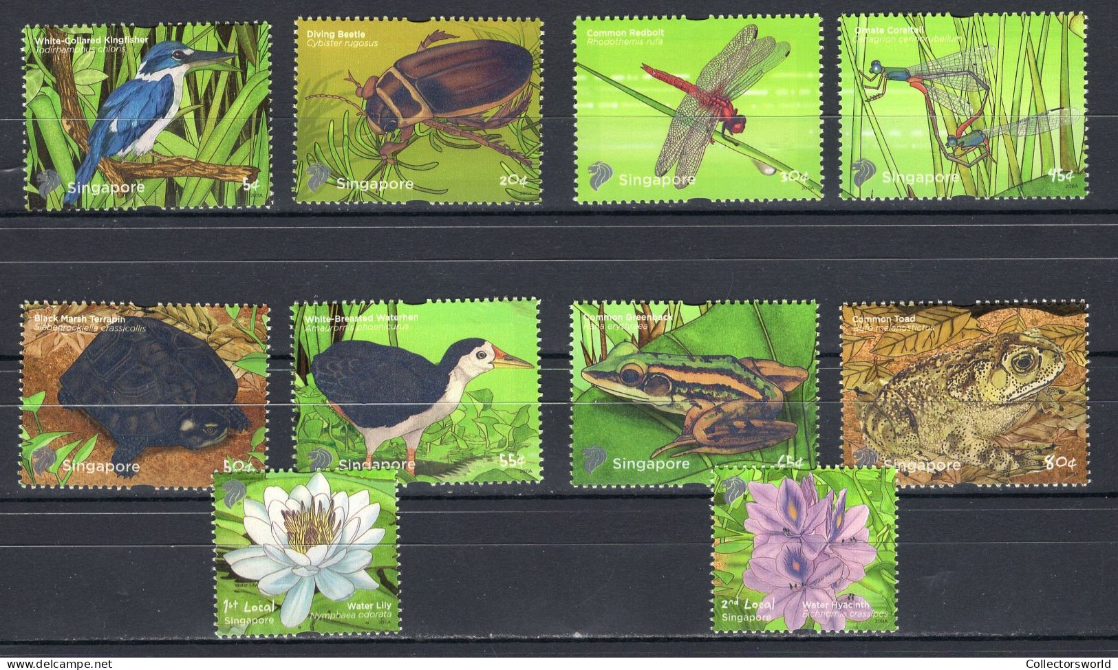 Singapore Serie 10v 2011 Printed 2011A On Stamps Pond Life Beetle Insect Bird Frog Salamander Lily Turtle Dragonfly MNH - Singapore (1959-...)