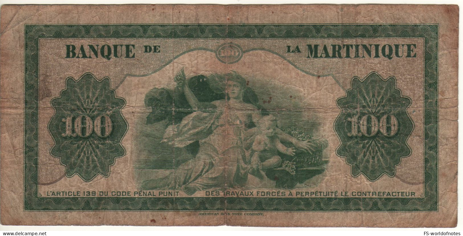 MARTINIQUE  Scarce  100 Francs  P19a(1)   ( ND 1942 )    Allegorical Woman Front & Back - Sonstige – Amerika