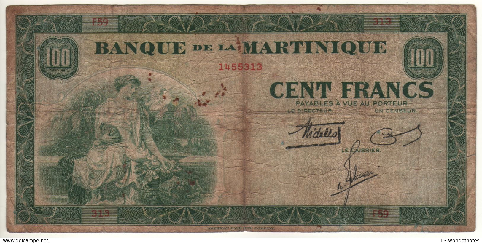 MARTINIQUE  Scarce  100 Francs  P19a(1)   ( ND 1942 )    Allegorical Woman Front & Back - Other & Unclassified