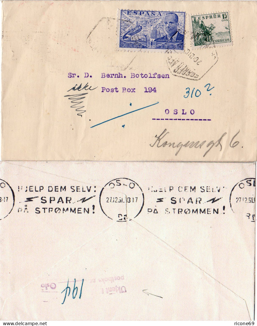 Spanien 1951, 1 Pta.+15 C. Auf Unzustellbarem Luftpost Brief N. Oslo, Norwegen - Cartas & Documentos