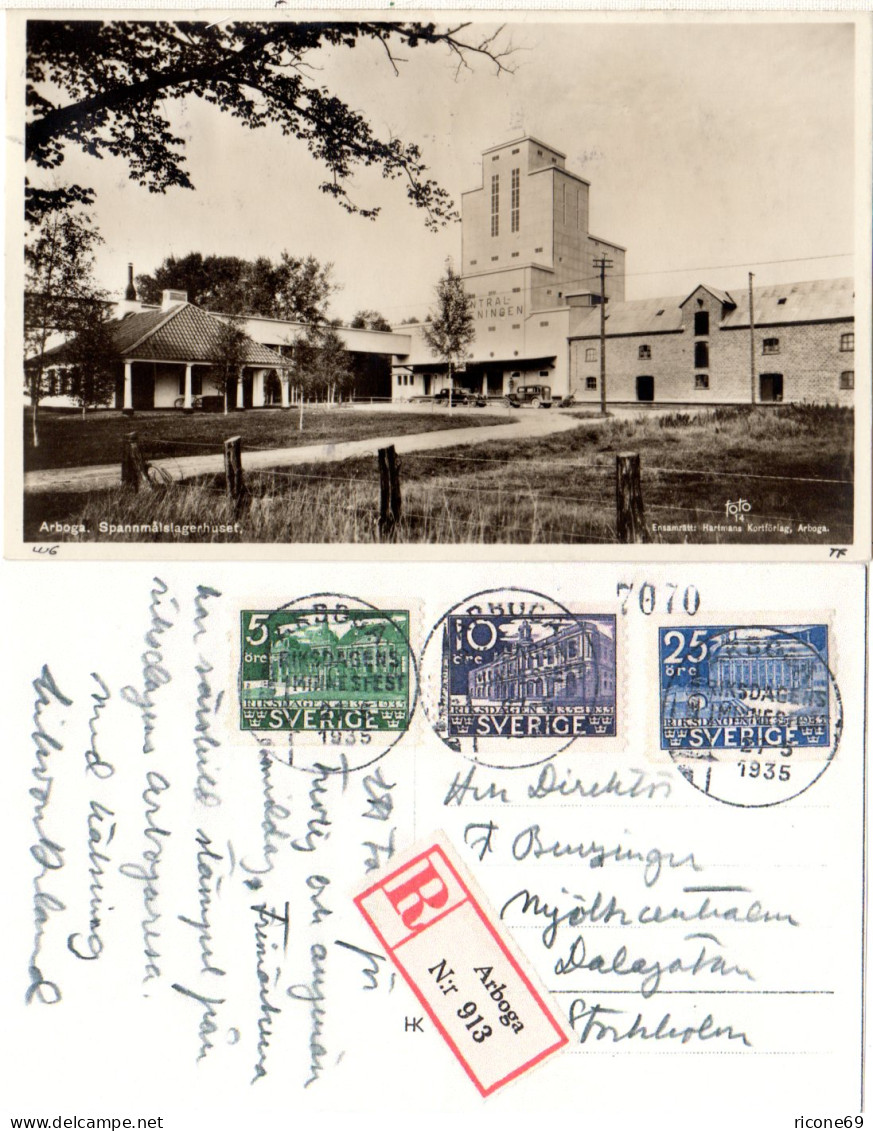 Schweden 1935, 5+10+25 öre Riksdagen Auf Reko-Karte ARBOGA Spannmalslagerhuset - Covers & Documents