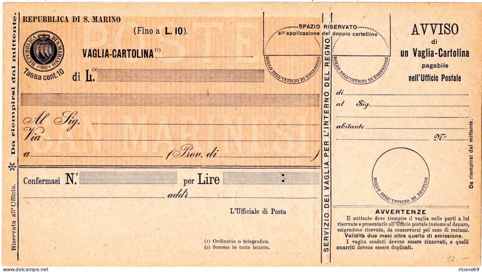 San Marino A12, Ungebr. 10 C. Postanweisung Ganzsache - Covers & Documents