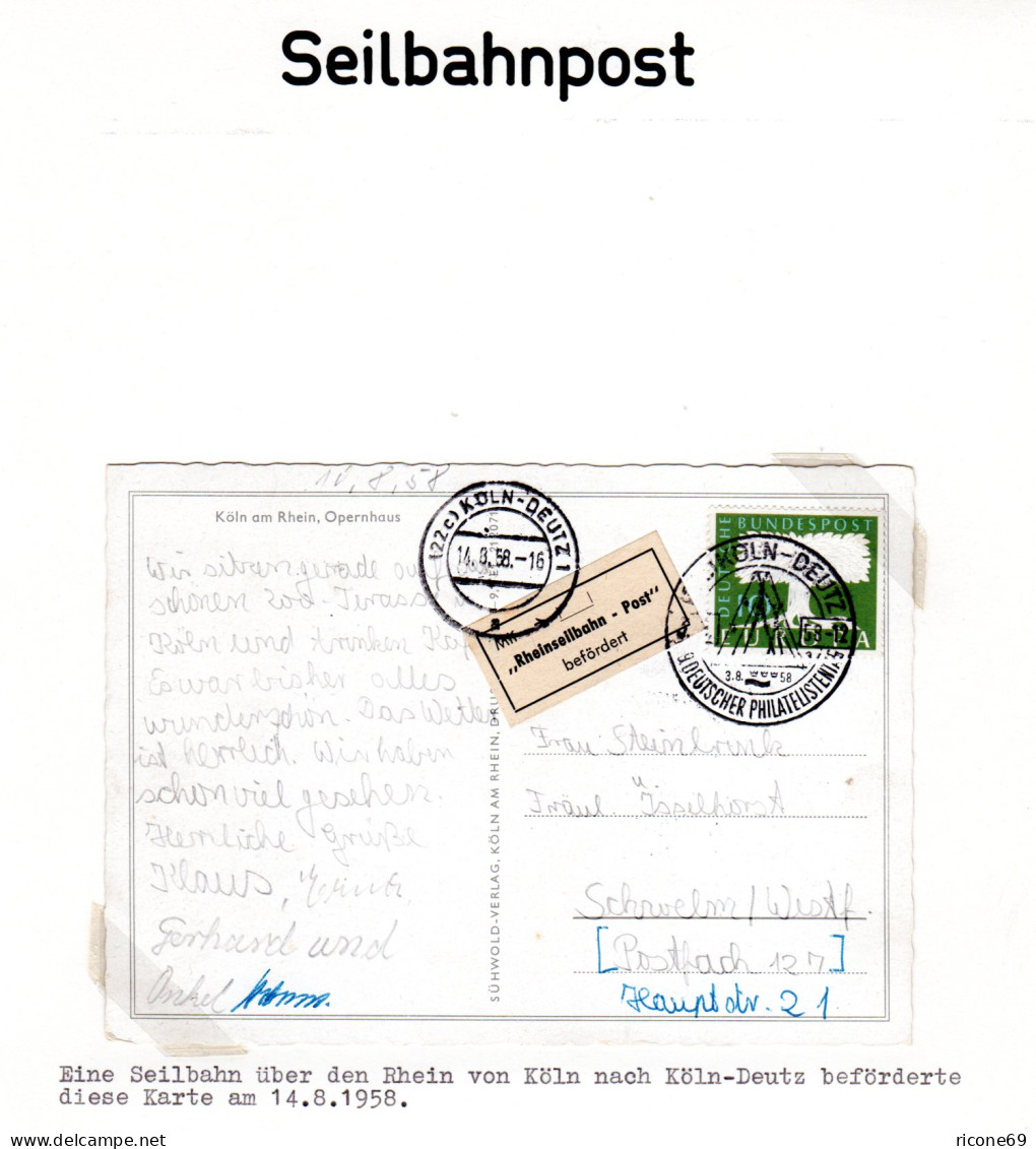 BRD 1958, Seilbahnpost Zum 69 Dt. Philatelistentag, Karte V.  Köln-Deutz - Sonstige (Land)