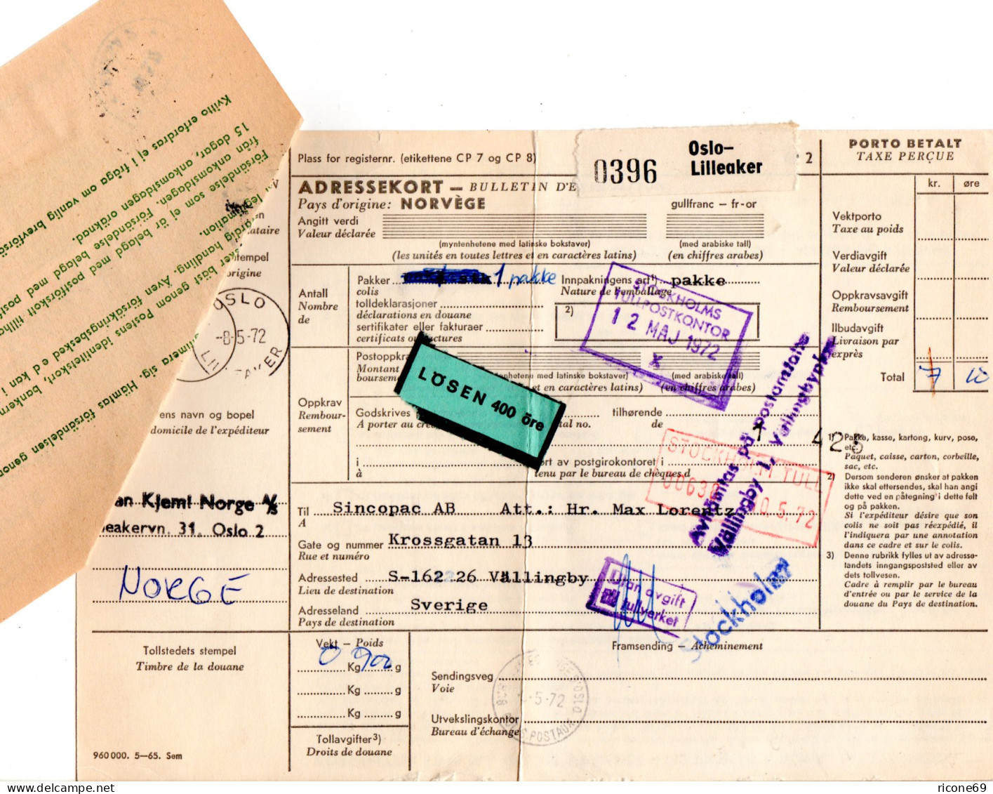 Norwegen 1972, Paketkarte V. Oslo-Lilleaker M. Schweden Lösen Nachporto - Cartas & Documentos