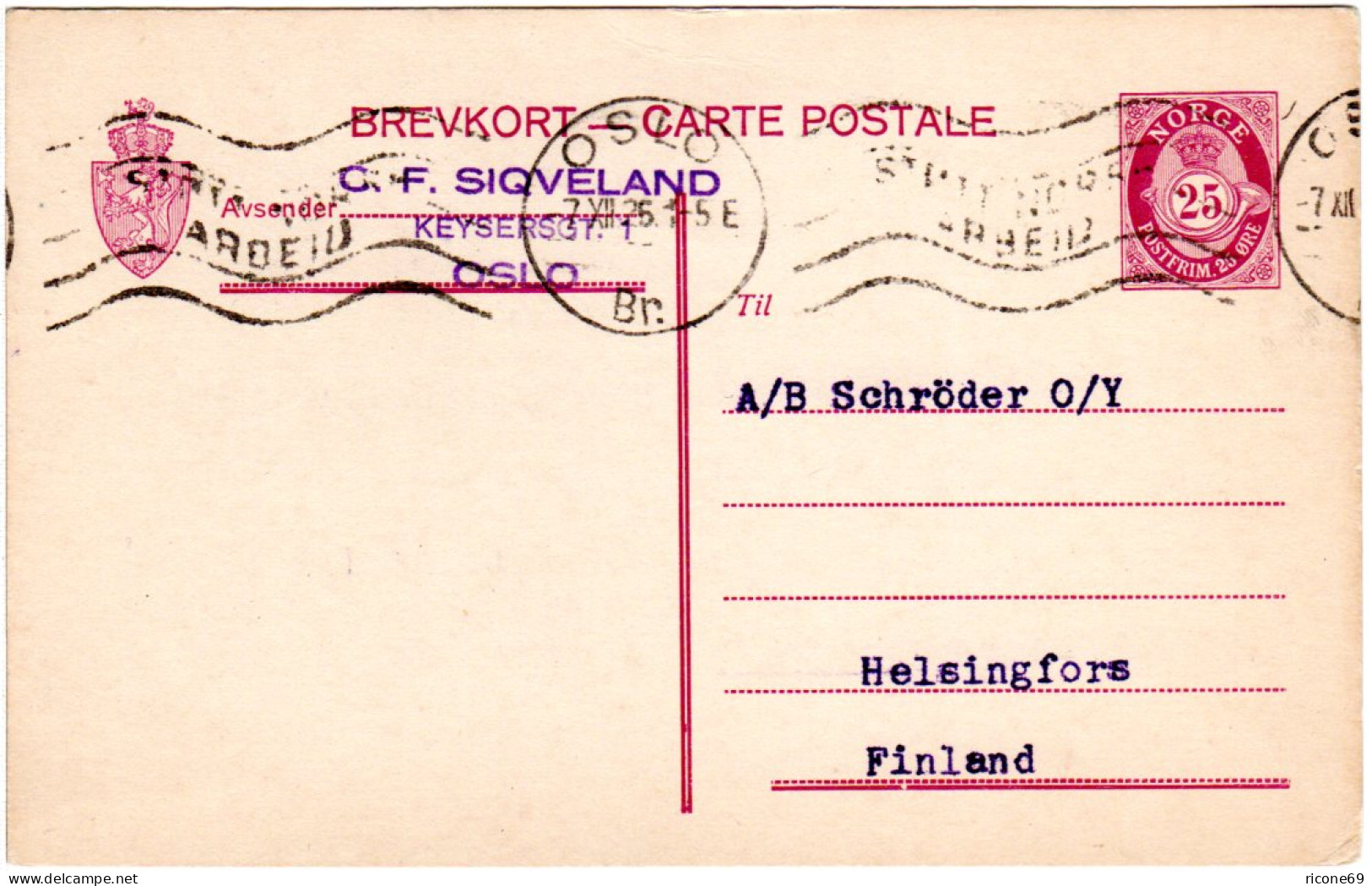 Norwegen P61, 25 öre  Ganzsache, Gebr. 1926 V. Oslo N. Finnland - Covers & Documents