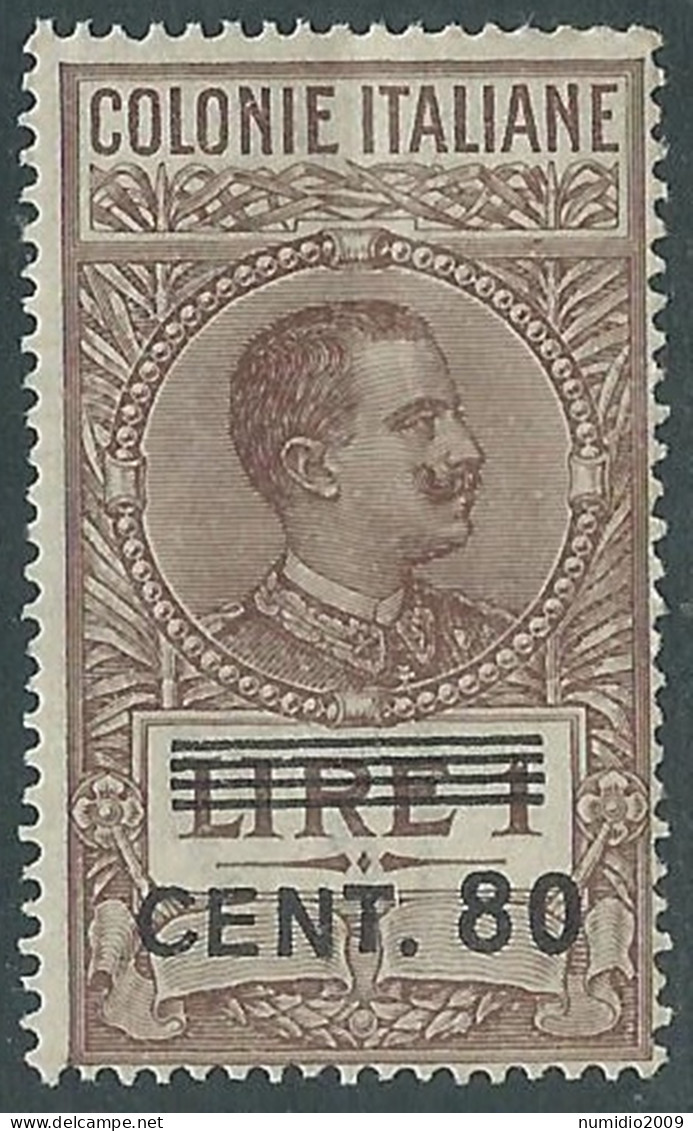 1922 COLONIE MARCA DA BOLLO 80 CENT SU 1 LIRA SOPRASTAMPA 4 SBARRE MNH ** RA21-8 - Italian Eastern Africa