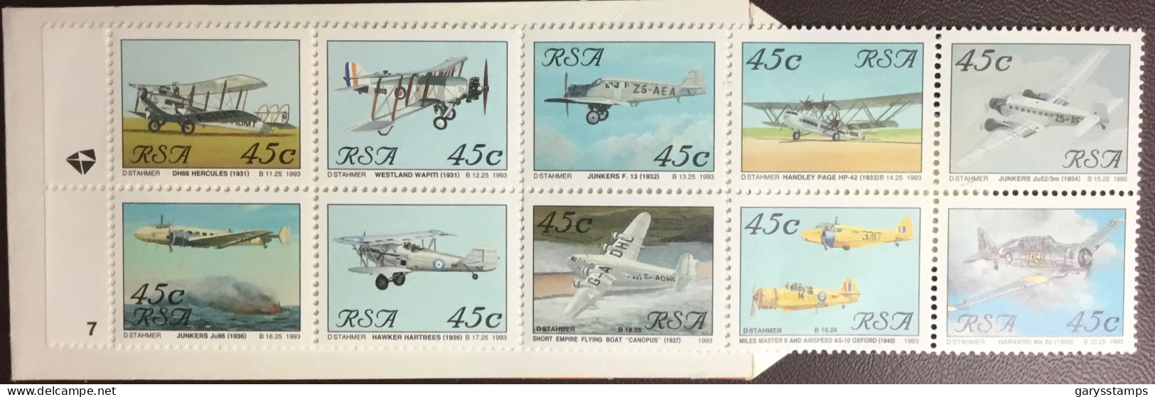 South Africa 1993 Aviation Booklet Pane 7 Booklet Unused - Carnets