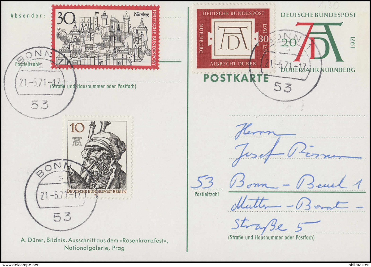 PSo 3/05 Dürerjahr Mit Passender Zusatzfrankatur Als FDC Ersttags-O BONN 21.5.71 - Cartes Postales - Neuves