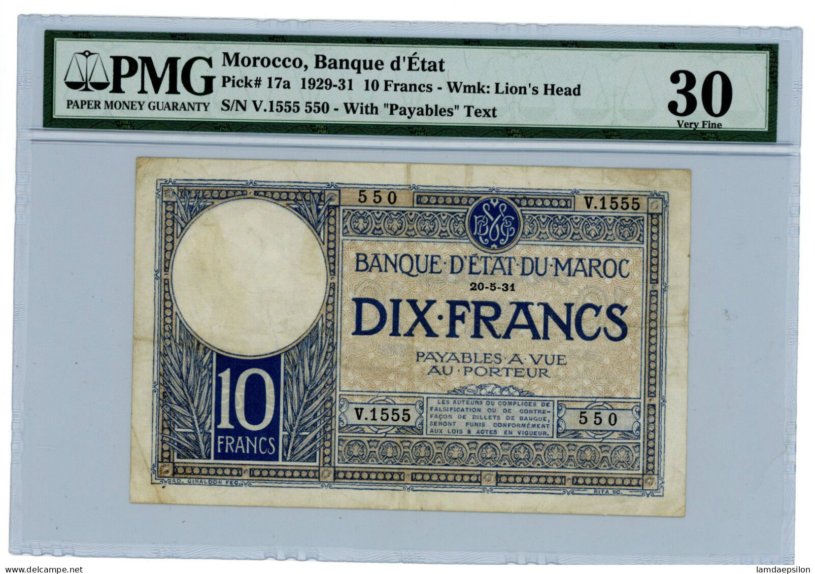 MAROC MOROCCO MARRUECOS MAROKKO BANQUE D'ETAT 10 FRANC 1931 PMG VF - Maroc