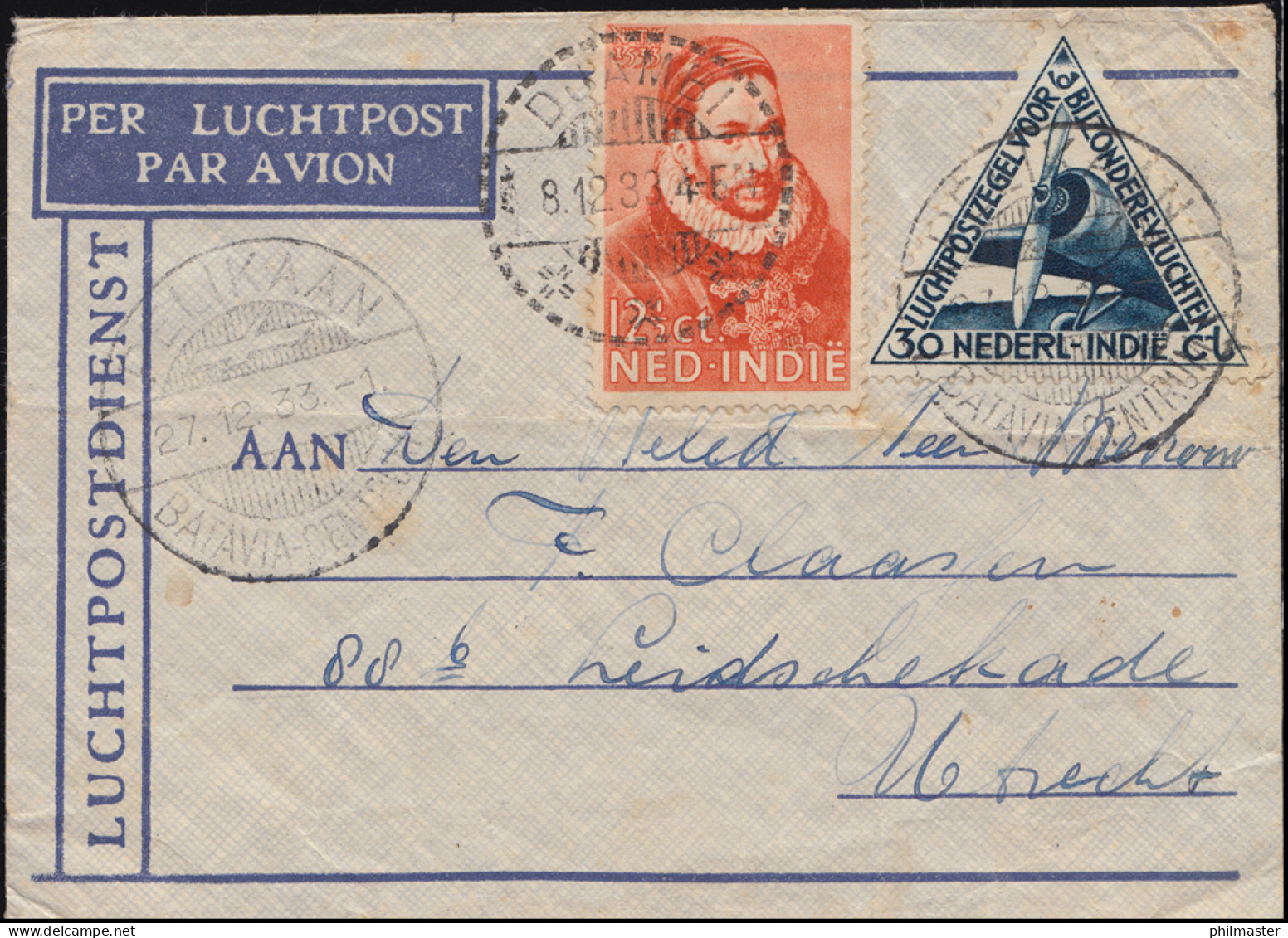 KLM-Flugpost PELIKAN/Batavia 27.12. Nach Utrecht Brief 193+195 DJAMBI 28.12.33 - Luftpost