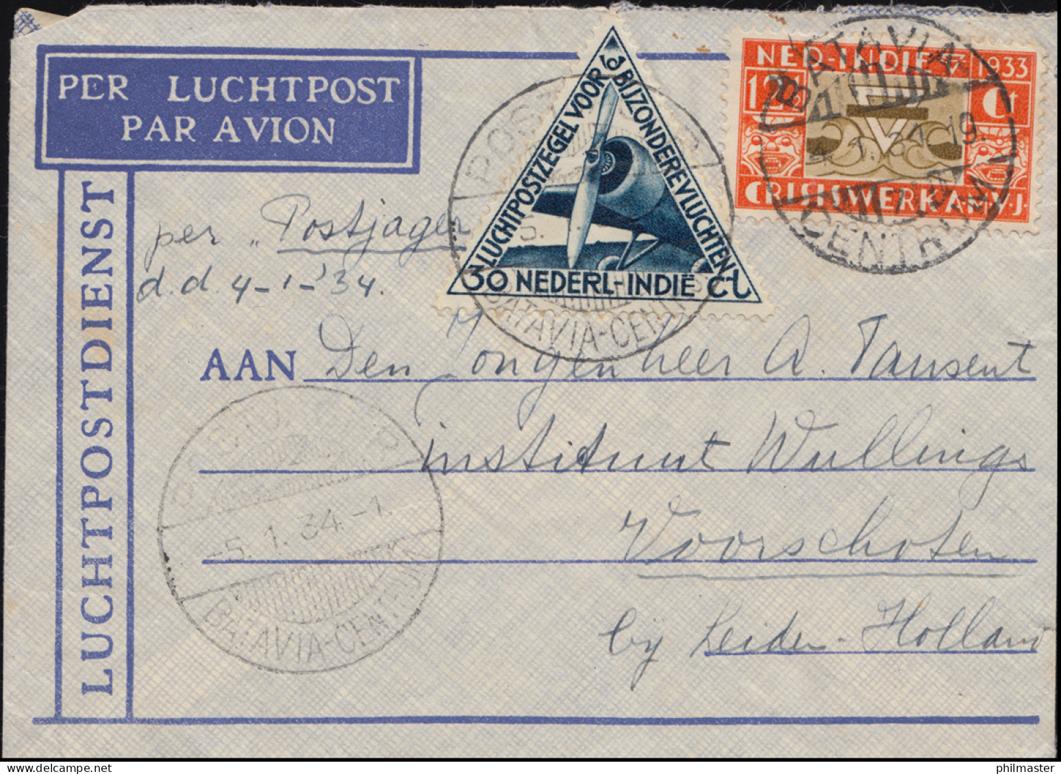 KLM-Flugpost Postjager/Batavia 5.1.34 Nach Leiden Brief 195+198 BATAVIA 4.1.1934 - Posta Aerea