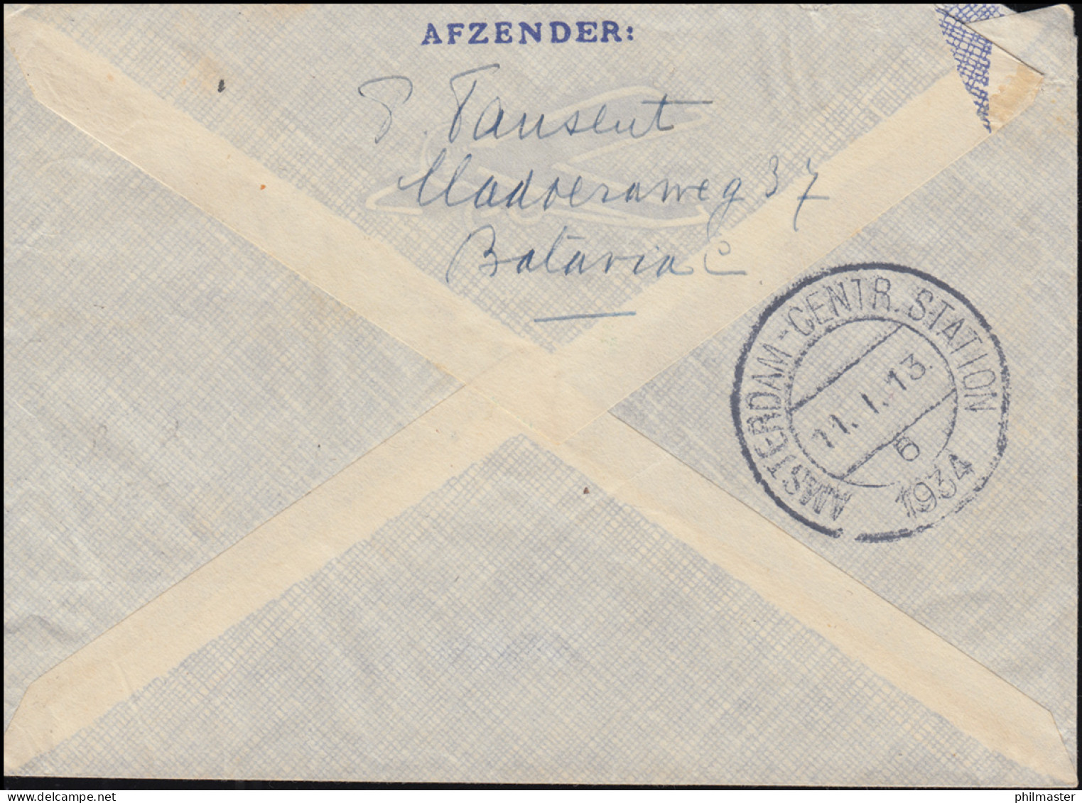 KLM-Flugpost Postjager/Batavia 5.1.34 Nach Leiden Brief 195+198 BATAVIA 4.1.1934 - Poste Aérienne