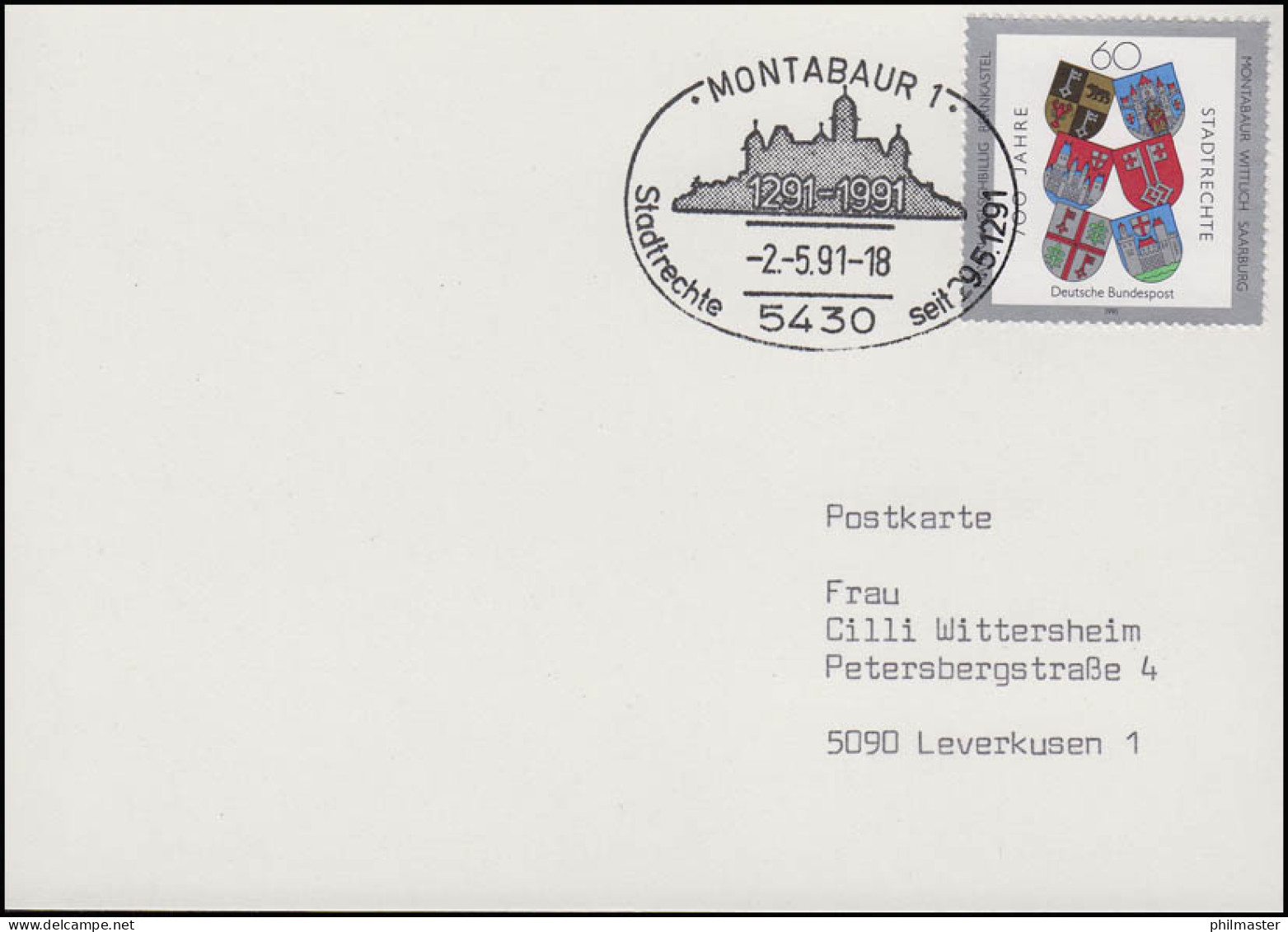 1528 Stadtrechte & Wappen, FDC-Postkarte ESSt Montabaur Stadt-Umriss 2.5.91 - Sonstige & Ohne Zuordnung