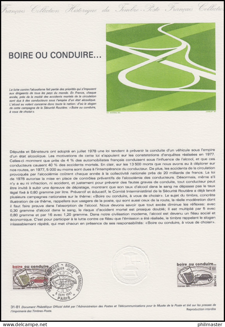 Collection Historique: Boire Ou Conduire ... Trinken & Fahren ... 5.9.1981 - Accidents & Sécurité Routière