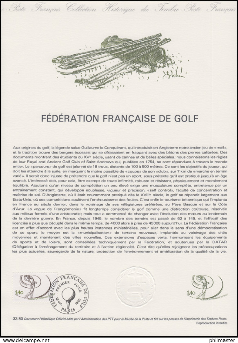 Collection Historique: Fédération Française De Golf / Golfverband 18.10.1980 - Golf
